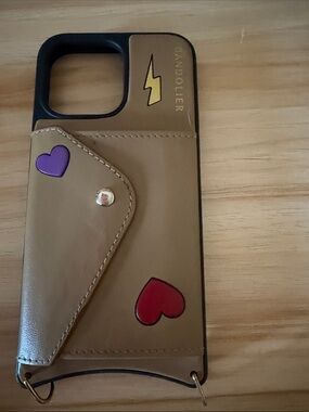 Bandolier Tan Leather Card Wallet IPhone 14 ProMax Case with Hearts